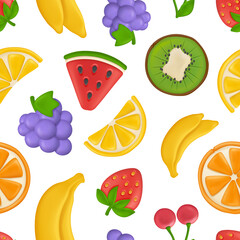 Poster - Fruits pattern. Plasticine stylized products orange strawberry cherry eating healthy fruits decent vector seamless backgraund for textile project design