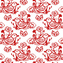 Vector Seamless Pattern Of Red Birds With Flowers. Hand Drawn. Perfect For The Design Of Textiles, Wrapping Paper, Tiles.