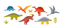 Cute Baby Dinosaurs, Dragons And Funny Dino Characters Set. Isolated Fantasy Colorful Prehistoric Happy Wild Animals Tyrannosaurus Rex, Stegosaurus, Pterodactyl Figures. Cartoon Vector Illustration