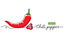 Chili Pepper Vector Color Illustration. Strings Of Hot Red Pepper For Label Design. One Continuous Line Art Drawing With Chili Pepper Lettering