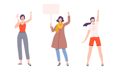 Sticker - Young Woman Showing Placard Protesting with Banner for Feminine Empowerment Vector Set