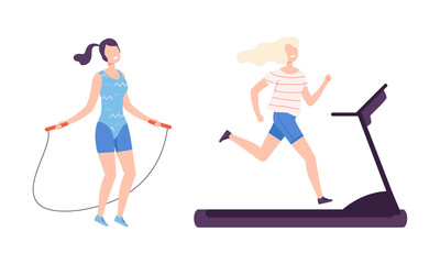 Wall Mural - Young Woman Skipping Rope and Running on Treadmill Doing Fitness Workout Vector Set