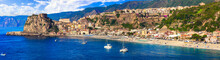 Travel And Landmarks Of Italy. Medieval Coastal Town Scilla In Calabria. Panoramic View With Townscape And Beach