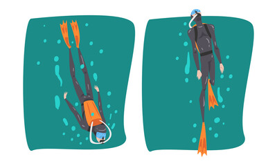 Sticker - Scuba Diving Man with Breathing Equipment and Flippers Diving Underwater Vector Set