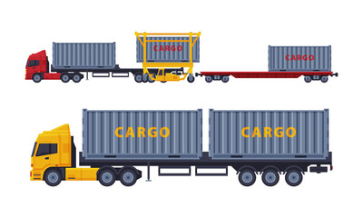 Sticker - Large Truck as Cargo Transport with Metal Container as Freight Delivering Service Vector Set