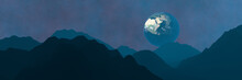 View Of The Planet Earth From An Unknown Planet. Mountain Landscape.Futuristic Fantastic Image.Banner.Elements Of This Image Are Furnished By NASA.3Д рендеринг.