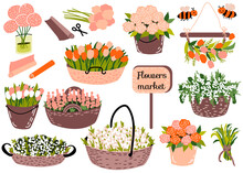 Set With Buckets, Baskets With Different Spring Flowers: Roses, Tulips And Other, Wrapping Paper. Wooden Board With Text Flowers Market. Cute Bees. Vector Illustration