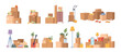 © Sensvector - Packed cardboard boxes with personal stuff, plants, home decoration and furniture isolated flat cartoon set of pack with things. Vector relocation or moving in home or office, belongings in packages