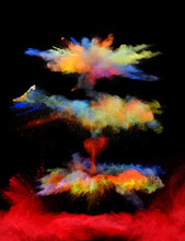 A Vibrant Colored Powder Paint Cloud Trio Explodes In Front Of A Black Background To Give Off Fantastic Multi Colors And Forms.