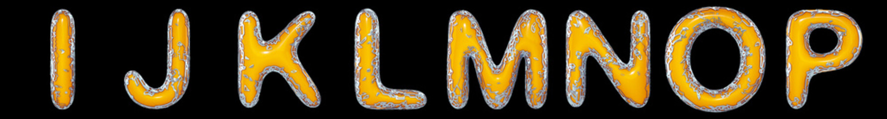 Realistic 3D letters set I, J, K, L, M, N, O, P made of gold shining metal letters.