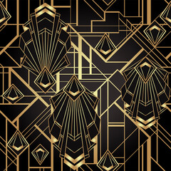 Art deco style geometric seamless pattern in black and gold. Vector illustration. Roaring 1920 s design. Jazz era inspired . 20 s. Vintage Fabric, textile, wrapping paper, wallpaper.