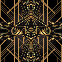 Art Deco Style Geometric Seamless Pattern In Black And Gold. Vector Illustration. Roaring 1920 S Design. Jazz Era Inspired . 20 S. Vintage Fabric, Textile, Wrapping Paper, Wallpaper.