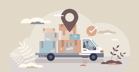 Courier services with package distribution and delivery tiny person concept. Cargo logistics company with shipment export or import vector illustration. Online order parcel transportation business.