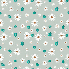 Beautiful Seamless Pattern Of White Flower,leaves On Green Background.pastel Theme.daisy Cartoon Hand Drawn Vector Illustration.design For Texture,fabric,clothing,wrapping,fashion Women,decorating.