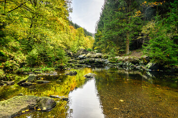 Sticker - Peaceful scene of the river bed on Engagement island in the Oker in the Harz Mountains, Germany