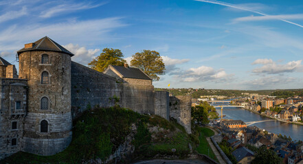 Wall Mural - View of Namur Citadel and Meuse river and the city in background. Namur, Belgium.