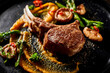 Grilled lamb rack served with broccoli mushrooms and pumpkin puree
