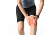 Woman in sportswear is holding painful knee joint (x-ray bone)
