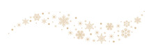 Minimal Border Of Simple Golden Snowflakes And Stars On A White Background. Decorative Vector Snow Wave