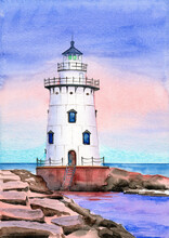 Watercolor Illustration Of A Saybrook Breakwater Light Lighthouse On A Red Base Standing On A Stone Embankment And A Blue Sea On The Horizon