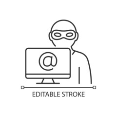 Sticker - Alias linear icon. Stealing identity online. Malicious activity. Cybercrime. Thin line customizable illustration. Contour symbol. Vector isolated outline drawing. Editable stroke. Arial font used