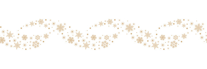 Wall Mural - Christmas border of simple gold snowflakes and stars on white background. Seamless minimal horizontal pattern. Decorative vector snow wave 