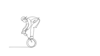 Canvas Print - Animated self drawing of single continuous line draw young BMX cycle rider show extreme risky trick in skatepark. BMX freestyle concept. Full length one line animation for freestyle promotion media.