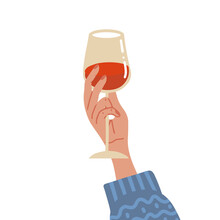 Hand In Knitted Sweater Holding A Glass Of Red Wine. Isolated Flat Hand Drawn Vector Illustration.