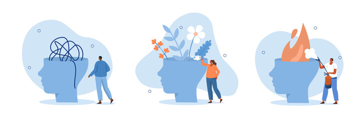 Mental health illustration set. Characters trying to solve mentality problems and fighting against emotional burnout. Psychotherapy concept. Vector illustration.
