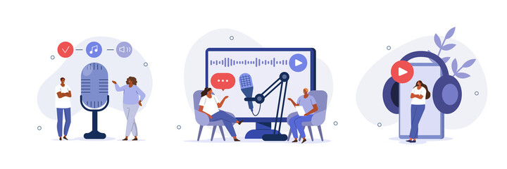 Wall Mural - podcast illustration set. characters in radio studio speaking in microphone and recording audio podc