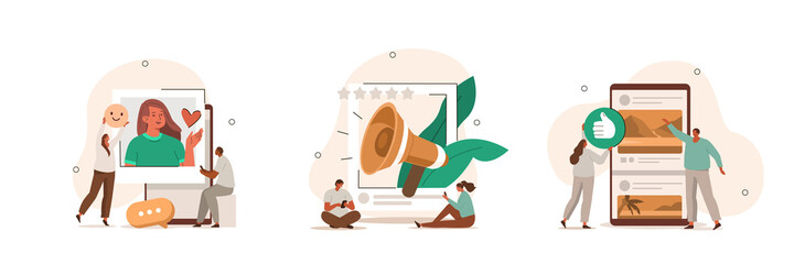 Wall Mural - social media illustration set. characters integrating with social media platform. followers leaving 