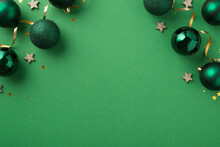 Top View Photo Of Green Christmas Tree Balls Small Shiny Stars Golden Star Shaped Confetti Serpentine And Sequins On Isolated Green Background With Copyspace