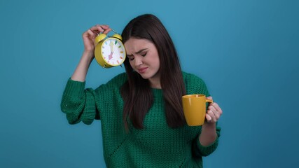 Poster - Sad lady awake drink coffee energetic happy isolated dark color background