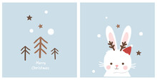 Christmas Card With Rabbit, Snowflakes And Pine Trees On Blue Backgrounds Vector.