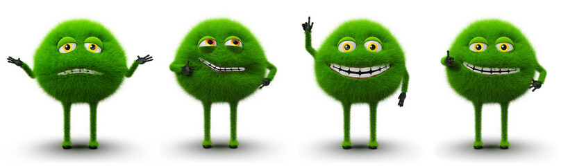 Verschiedene grüne flauschige Monster mit unterschiedlichem Gesichtsausdruck konzeptionell als Problem, Idee, Lösung und Ausführung, isoliert auf weißem Hintergrund 3D Rendering