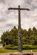 Decorative large cross with palms on the background of trees.
