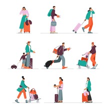 Set Of Scenes With People At The Airport, Walking With Baggage, Checking In, Waiting For The Flight, Printing Boarding Pass. Vector Illustration