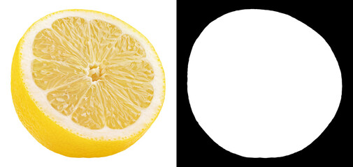 Sticker - Half of yellow lemon citrus fruit isolated on white background with clipping mask (alpha channel) for quick isolation. Full depth of field.