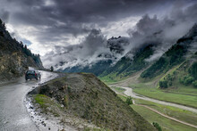 Storm Clouds Over Mountains Of Ladakh, Green Valley Scenery,  Jammu And Kashmir, India