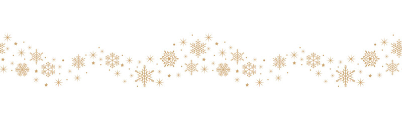 Wall Mural - Christmas border of simple gold snowflakes and stars on white background. Seamless minimal horizontal pattern. Decorative vector snow wave