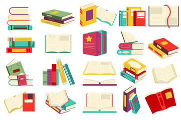 Aufkleber - Reading book set in flat cartoon design. Stacks of books or textbook, open pages with bookmarks, literature of different genres. Library or bookstore collection isolated elements. Vector illustration