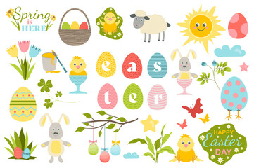 Poster - Happy Easter collection in flat design. Festive bright eggs, cute rabbits and chicks, spring flowers set. Celebrating holiday with gifts isolated elements. Vector illustration. Hand drawn style.