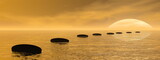 Fototapeta Desenie - Zen path of black stones by sunset - 3D render