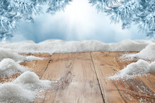 Wooden Table With Snow, Free Space, Winter Background