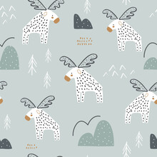 Seamless Childish Pattern With Cartoon Moose And Hand Drawn Shapes. Creative Nordic Texture. Vector Illustration