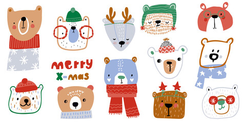 Wall Mural - Big set of winter holiday bears faces. Xmas cute bears isolated. Vector illustration