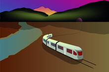 High Speed Train With Colorful Landscape, Summer Travel,vector Illustration,Eps 10, River And Mountain, Transport Tourism In Beautiful Desert