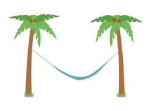 Hammock Hangs Between Palm Trees, Flat Vector Illustration Isolated On White Background.