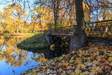 Elegant Bridge In Bright Autumn Park Of Tsarskoe Selo