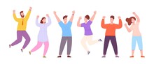 Friends Celebrating Win. Happy People Celebrate Success In Achievement Business Goals, Lucky Team Winners Jumping Excited, Community Victory Persons Flat Splendid Vector Illustration